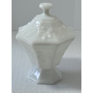 Vintage White Milk Glass Octagon Compote Candy Dish W/Lid Pedestal Grapes Leaves